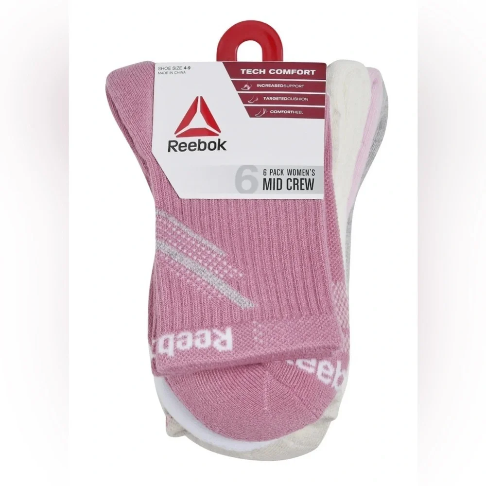 Reebok Tech Comfort Targeted Cushion MidCrew Socks, Stocking Stuffers, 6-Pack